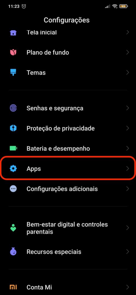 Acessando a opção aplicativos ou apps