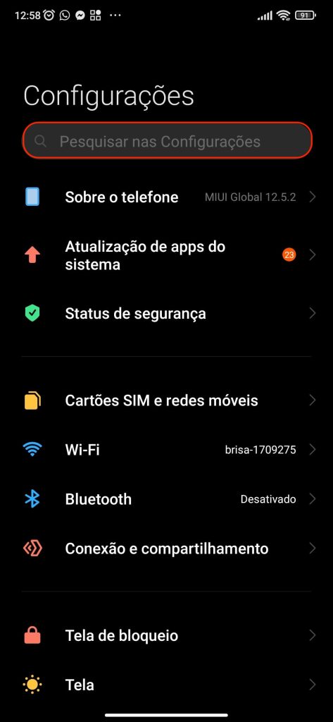 Acessando a Barra de Pesquisa das Configurações do Aparelho