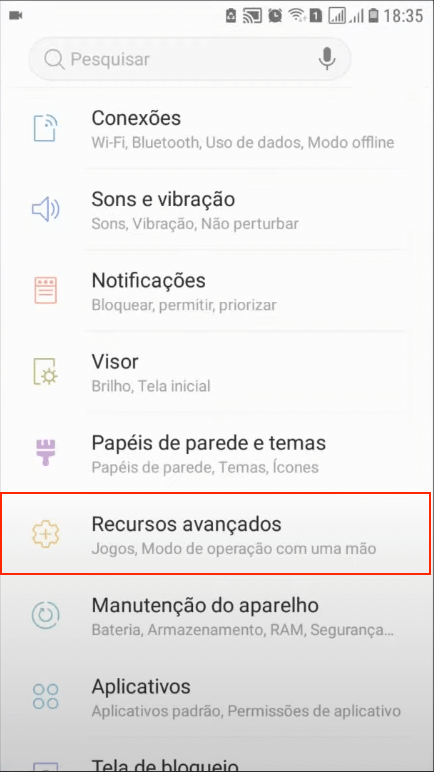 Nas Configurações, Acessar Recursos Avançados