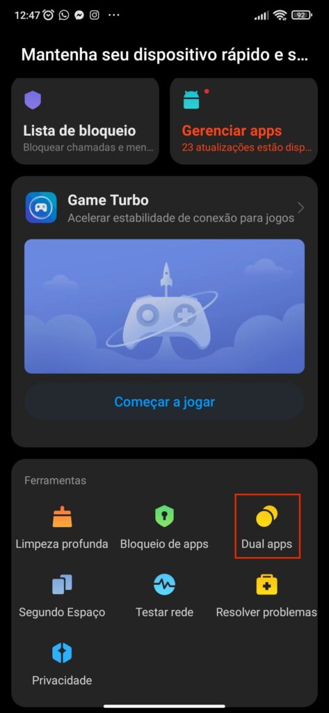 Selecionando a Opção Dual Apps Para Clonar Whatsapp