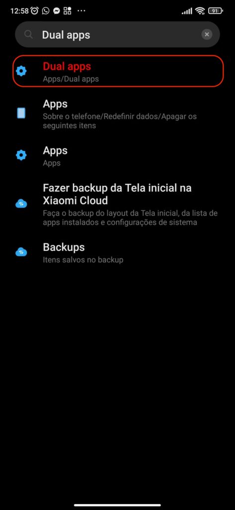 Pesquisando pelo Dual apps.