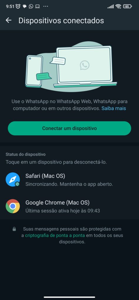 Conexões do Whatsapp Web em diferentes navegadores.
